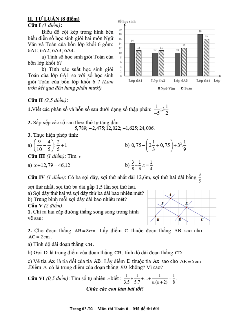 Đề thi Học kì 2 Toán 6 trường THCS Lý Sơn (Hà Nội) năm 2024-2025