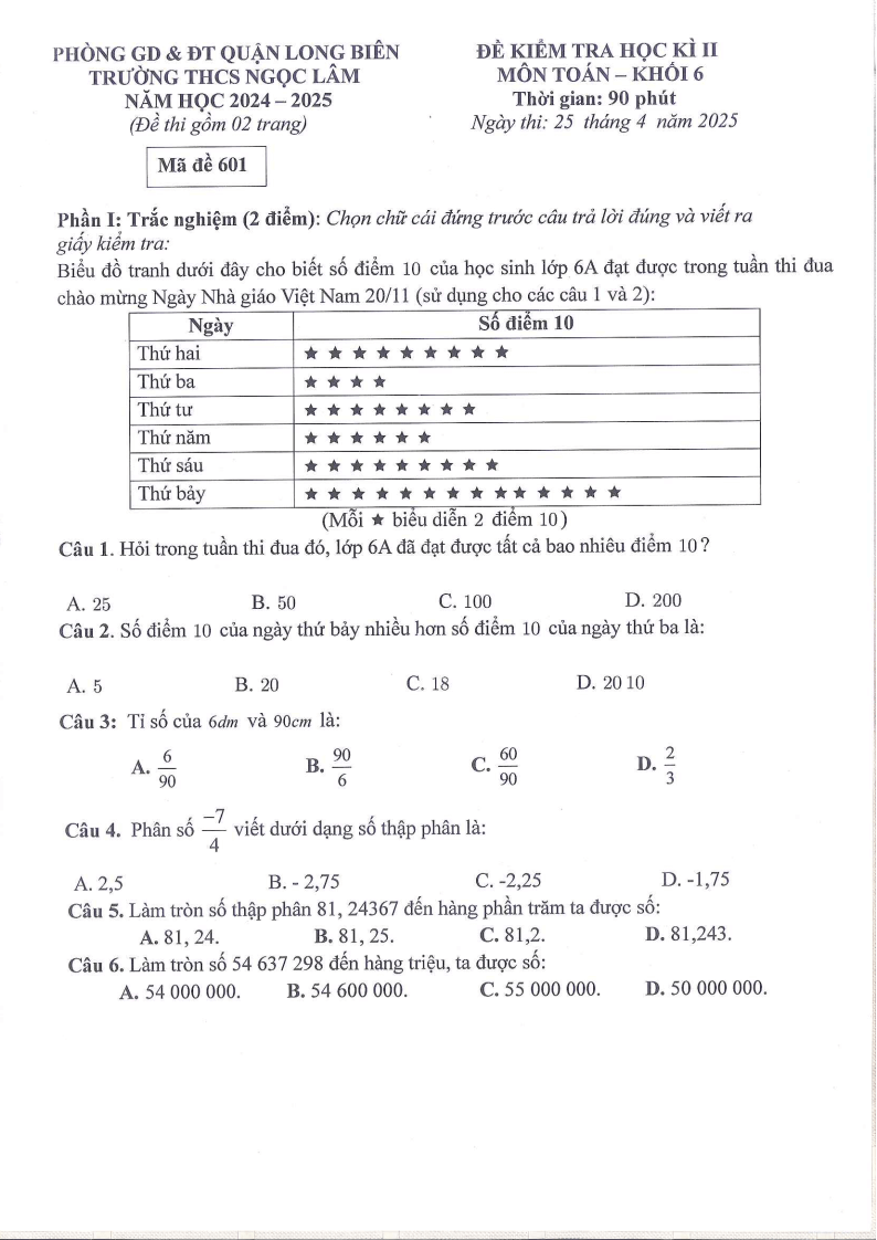 Đề thi Học kì 2 Toán 6 trường THCS Ngọc Lâm (Hà Nội) năm 2024-2025