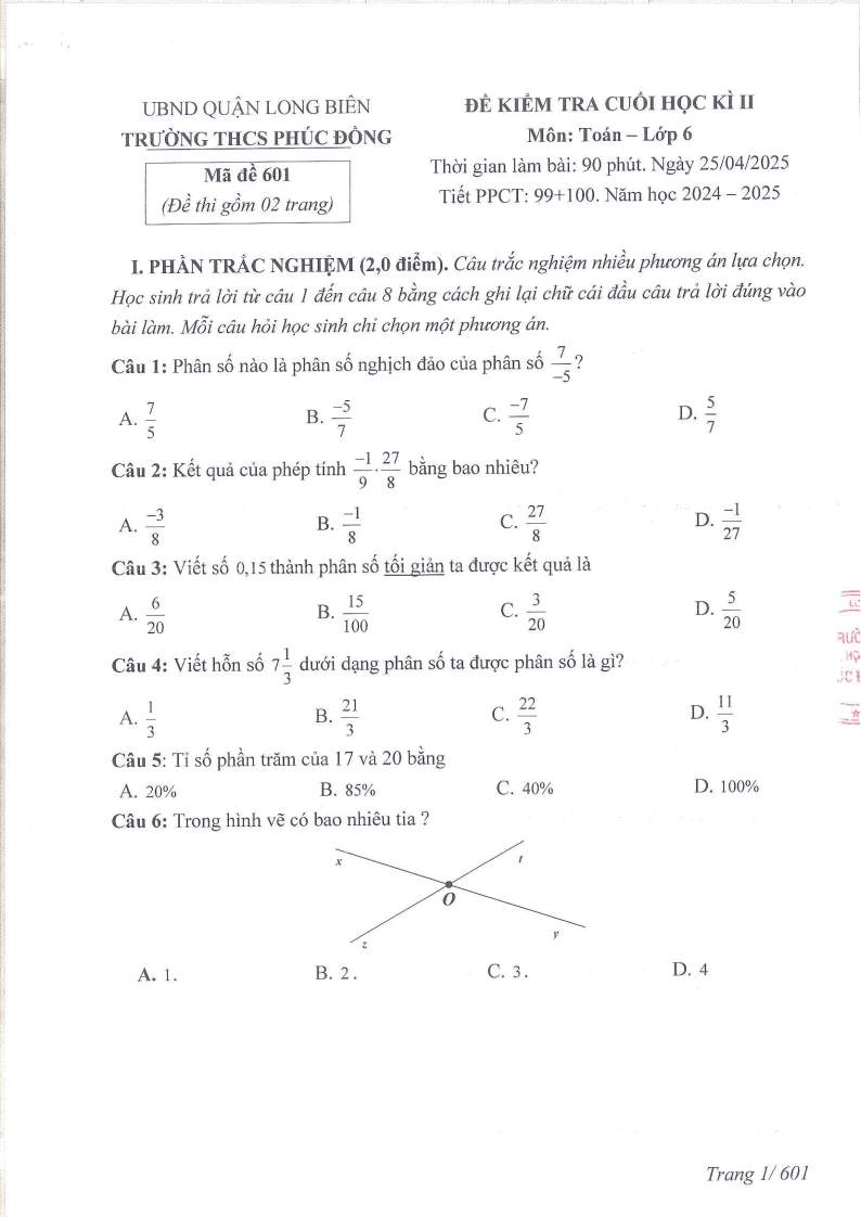 Đề thi Học kì 2 Toán 6 trường THCS Phúc Đồng (Hà Nội) năm 2024-2025