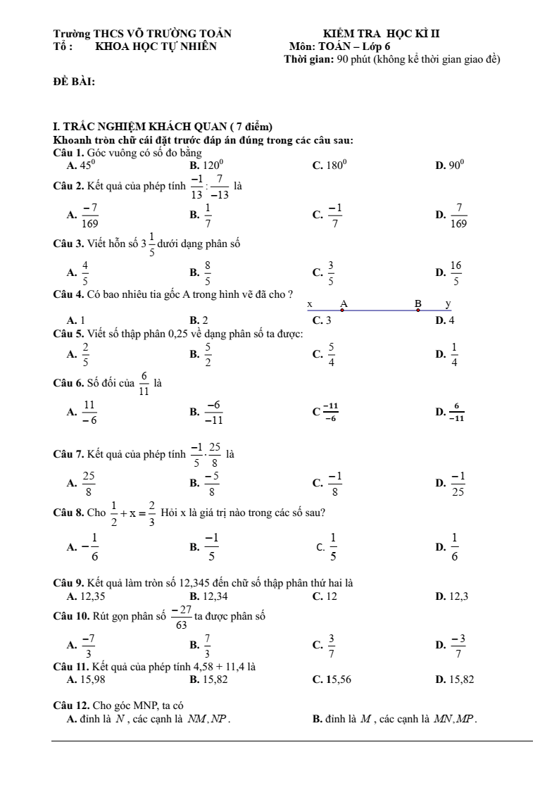 Đề thi Học kì 2 Toán 6 trường THCS Võ Trường Toản (Bà Rịa - Vũng Tàu) năm 2024-2025