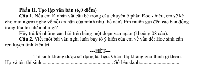 Đề thi Học kì 2 Văn 6 năm 2024-2025 Phòng GD&ĐT Lý Nhân (Hà Nam)