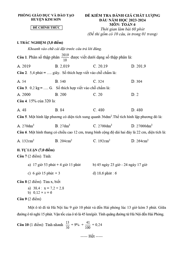 Đề thi khảo sát chất lượng đầu năm Toán 6 năm 2023-2024 Phòng GD&ĐT Kim Sơn