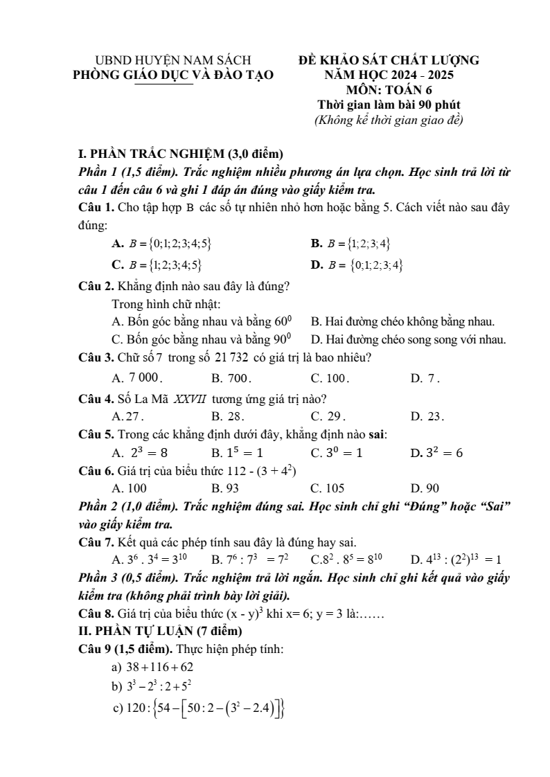 Đề thi khảo sát chất lượng đầu năm Toán 6 năm 2024-2025 Phòng GD&ĐT Nam Sách