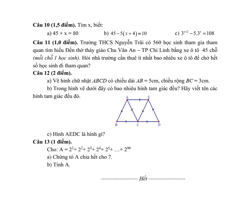 Đề thi khảo sát chất lượng đầu năm Toán 6 năm 2024-2025 Phòng GD&ĐT Nam Sách