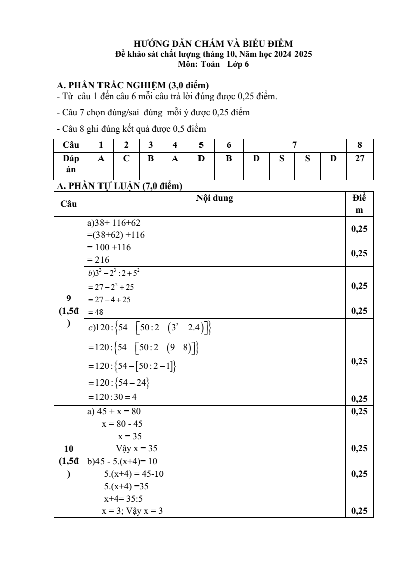 Đề thi khảo sát chất lượng đầu năm Toán 6 năm 2024-2025 Phòng GD&ĐT Nam Sách