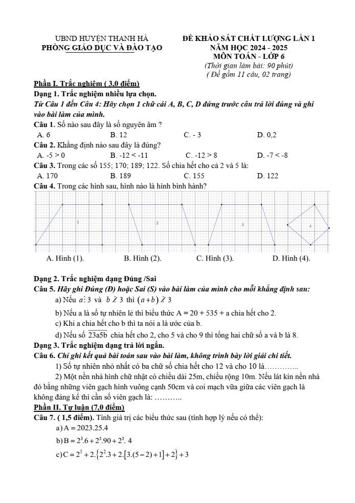 Đề thi khảo sát chất lượng đầu năm Toán 6 năm 2024-2025 Phòng GD&ĐT Thanh Hà