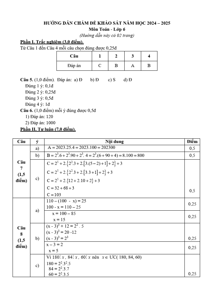 Đề thi khảo sát chất lượng đầu năm Toán 6 năm 2024-2025 Phòng GD&ĐT Thanh Hà
