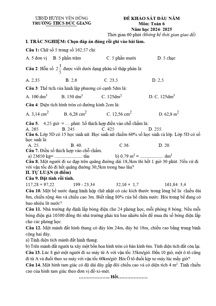 Đề thi khảo sát chất lượng đầu năm Toán 6 năm 2024-2025 trường THCS Đức Giang
