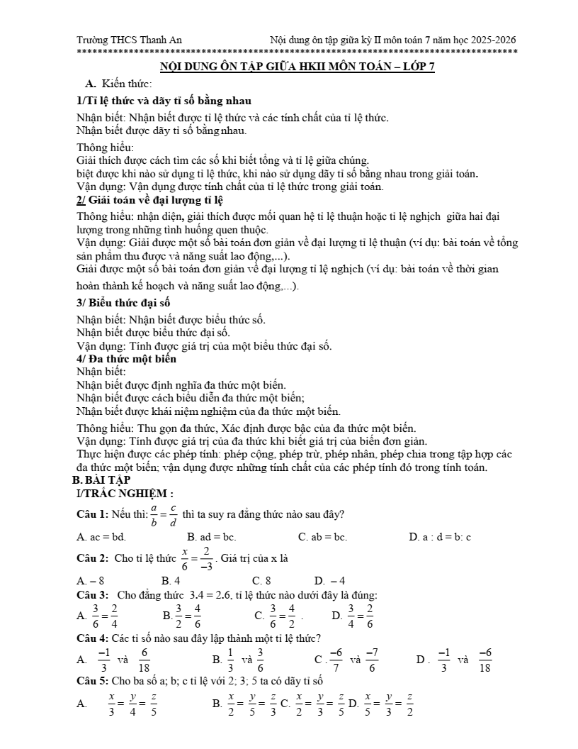 Đề cương ôn tập Giữa kì 2 Toán 7 trường THCS Thanh An (Quảng Trị) năm 2025-2026