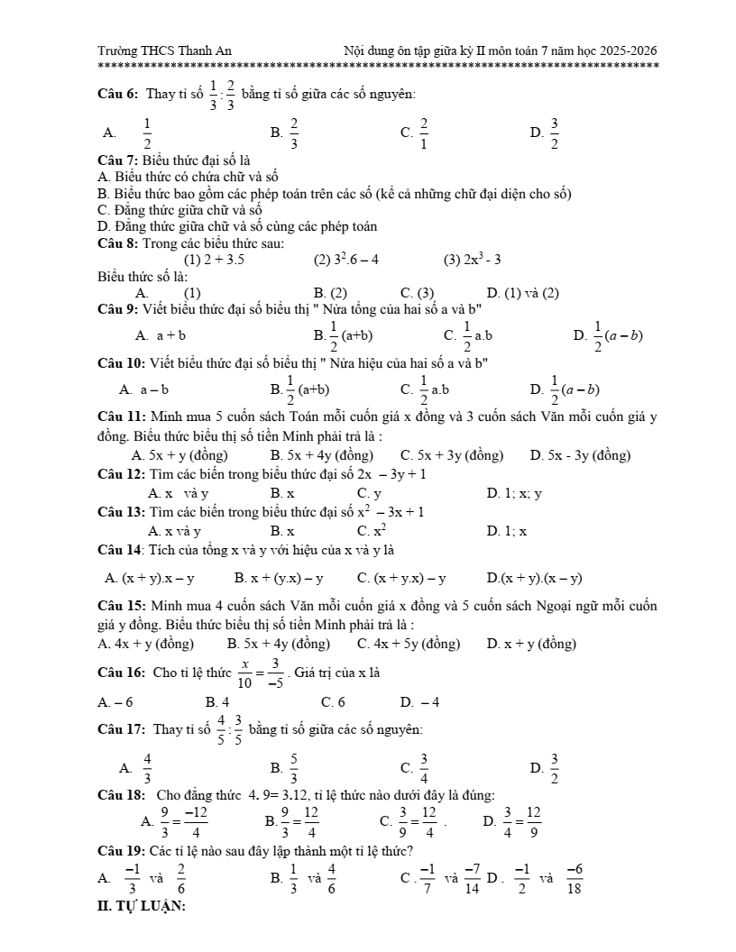 Đề cương ôn tập Giữa kì 2 Toán 7 trường THCS Thanh An (Quảng Trị) năm 2025-2026