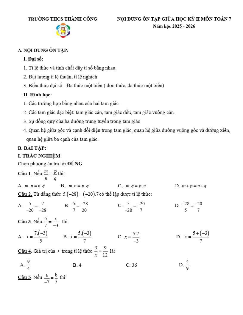 Đề cương ôn tập Giữa kì 2 Toán 7 trường THCS Thành Công (Hà Nội) năm 2025-2026