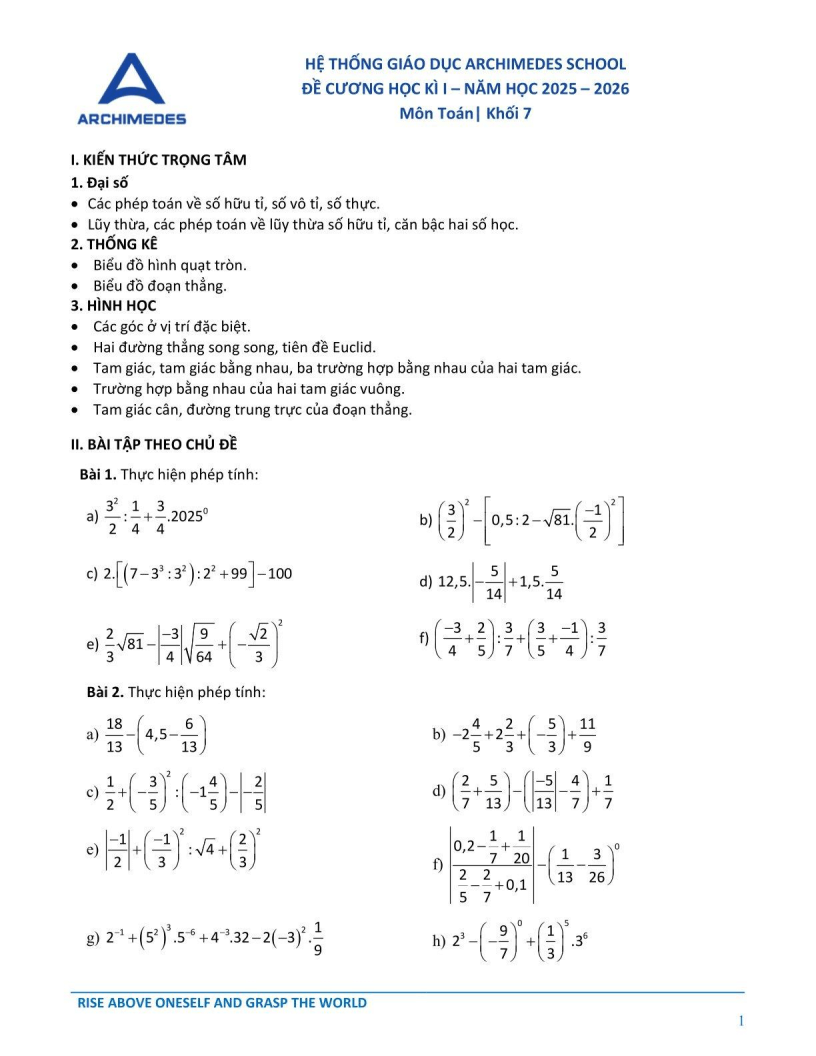 Đề cương ôn tập Học kì 1 Toán 7 Hệ thống Giáo dục Archimedes School năm 2025-2026
