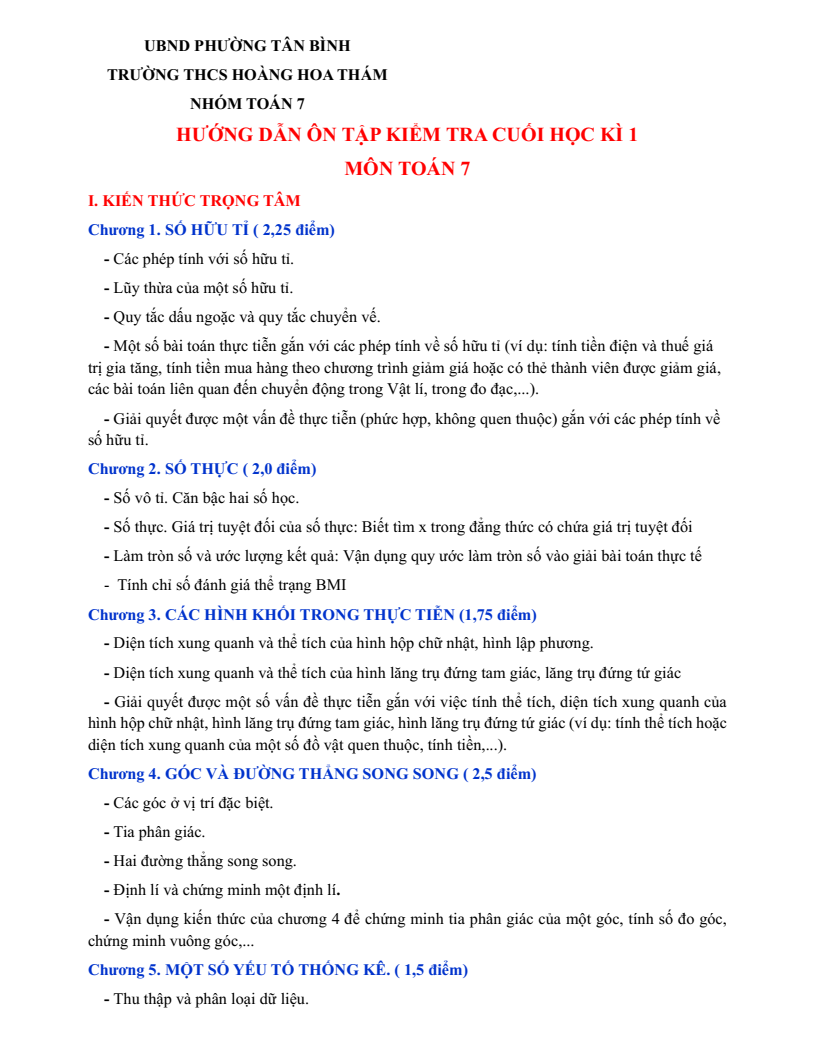 Đề cương ôn tập Học kì 1 Toán 7 THCS Hoàng Hoa Thám năm 2025-2026