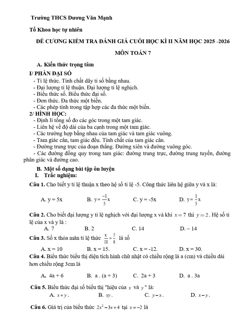 Đề cương ôn tập Học kì 2 Toán 7 trường THCS Dương Văn Mạnh (TP HCM) năm 2025-2026