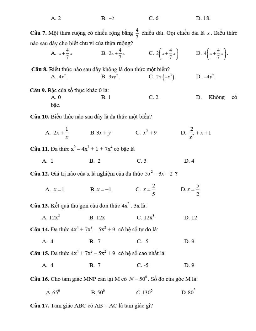 Đề cương ôn tập Học kì 2 Toán 7 trường THCS Dương Văn Mạnh (TP HCM) năm 2025-2026