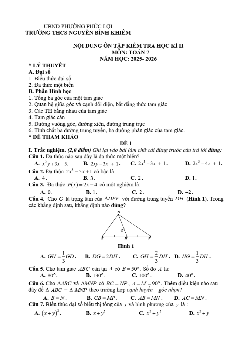 Đề cương ôn tập Học kì 2 Toán 7 trường THCS Nguyễn Bỉnh Khiêm (Hà Nội) năm 2025-2026