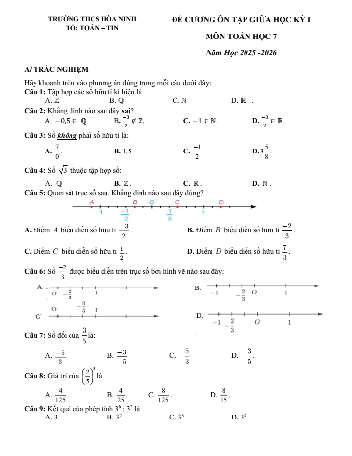 Đề cương ôn tập Giữa kì 1 Toán 7 trường THCS Hòa Ninh năm 2025-2026