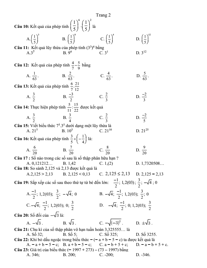 Đề cương ôn tập Giữa kì 1 Toán 7 trường THCS Hòa Ninh năm 2025-2026