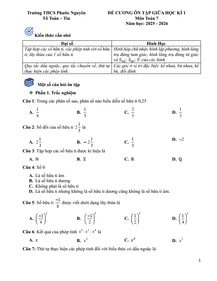 Đề cương ôn tập Giữa kì 1 Toán 7 trường THCS Phước Nguyên năm 2025-2026