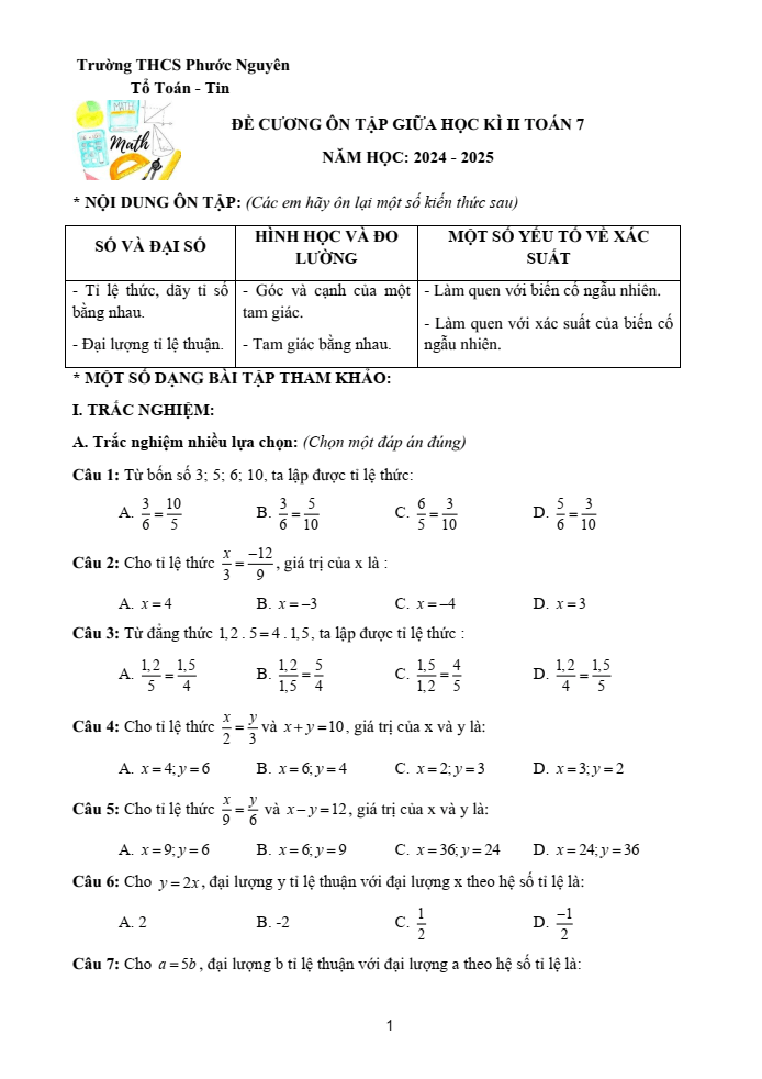 Đề cương ôn tập Giữa kì 2 Toán 7 trường THCS Phước Nguyên năm 2024-2025