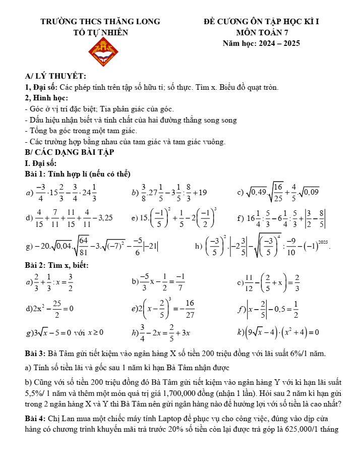 Đề cương ôn tập Học kì 1 Toán 7 trường THCS Thăng Long năm 2024-2025