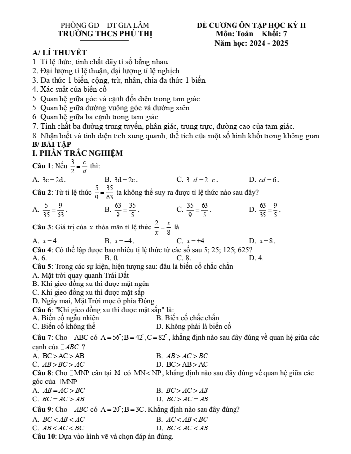 Đề cương ôn tập Học kì 2 Toán 7 trường THCS Phú Thị năm 2024-2025