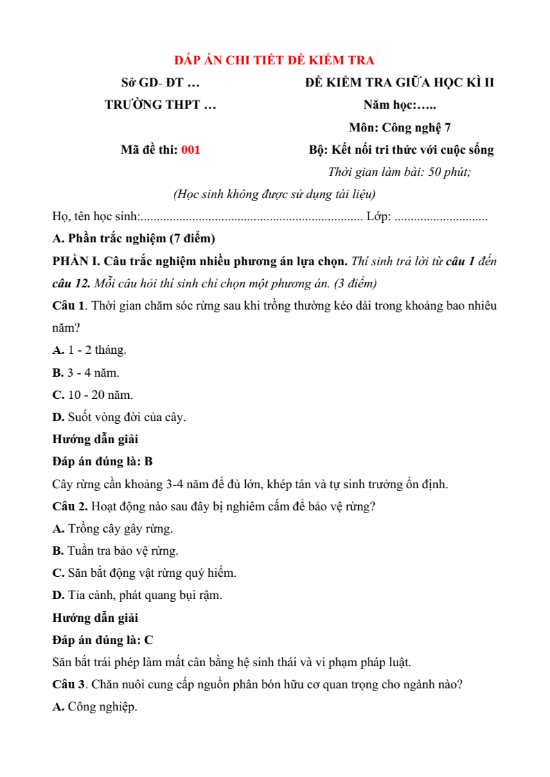 3 Đề thi Giữa kì 2 Công nghệ 7 Kết nối tri thức năm 2026 (cấu trúc mới, có đáp án)