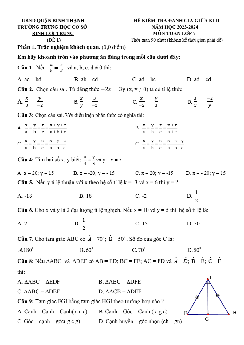 Đề thi Giữa kì 2 Toán 7 phòng GD&ĐT Bình Thạnh (Tp.HCM) năm 2023-2024