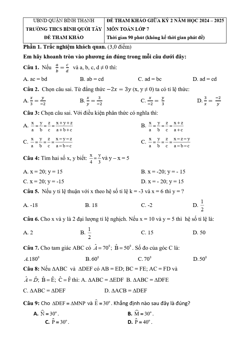 Đề thi Giữa kì 2 Toán 7 phòng GD&ĐT Bình Thạnh (Tp.HCM) năm 2024-2025
