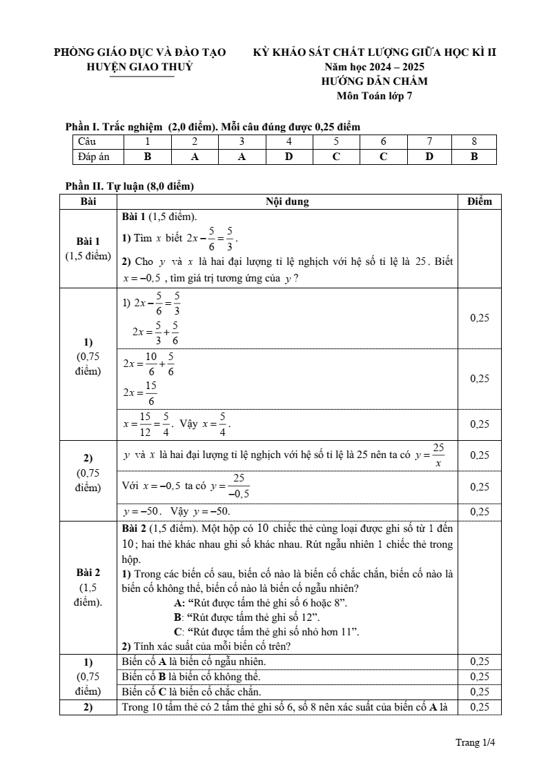 Đề thi Giữa kì 2 Toán 7 phòng GD&ĐT Giao Thủy (Nam Định) năm 2024-2025