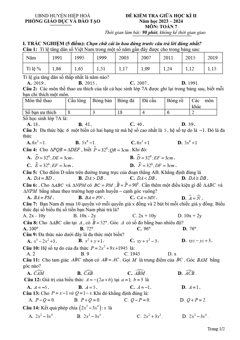 Đề thi Giữa kì 2 Toán 7 phòng GD&ĐT Hiệp Hòa (Bắc Giang) năm 2023-2024