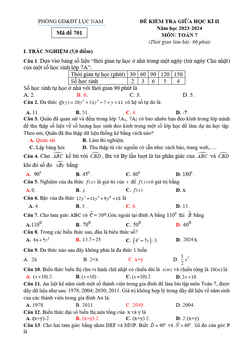 Đề thi Giữa kì 2 Toán 7 phòng GD&ĐT Lục Nam (Bắc Giang) năm 2023-2024