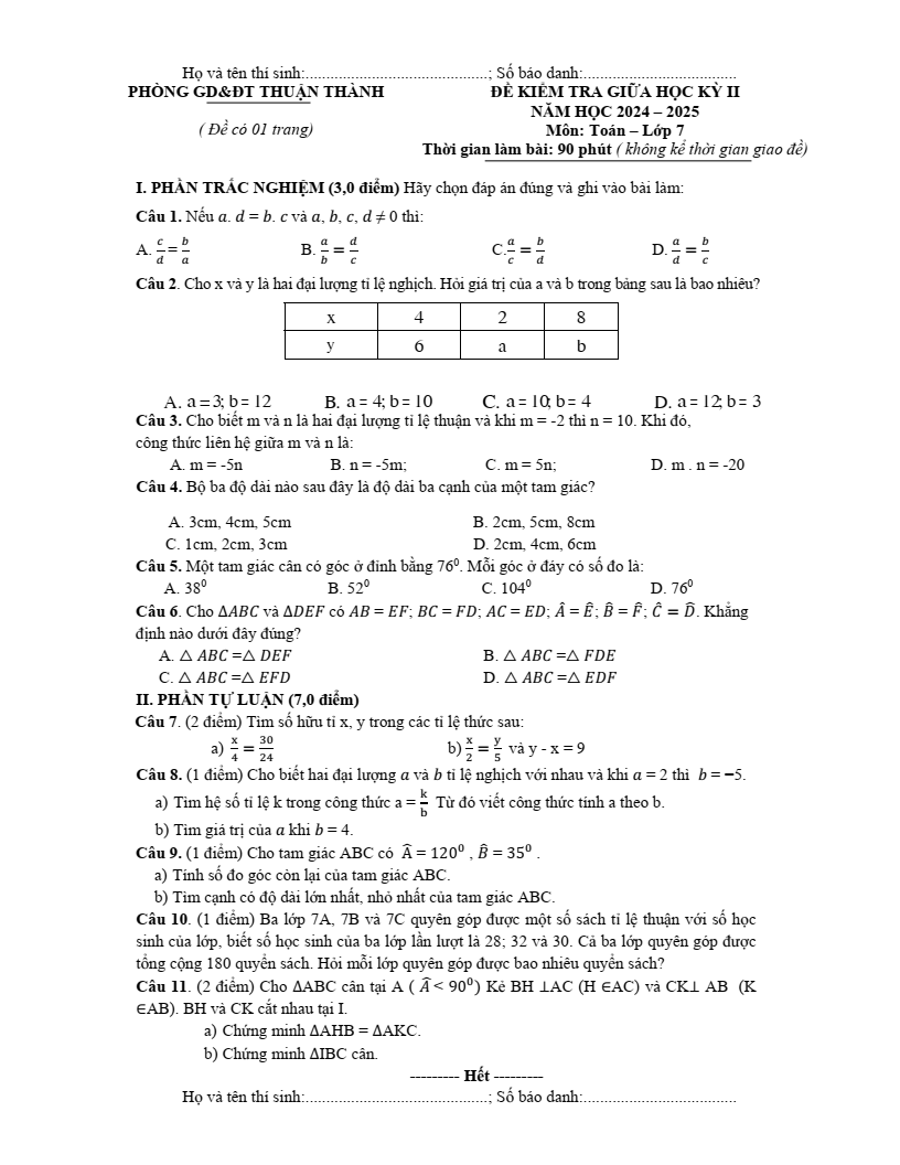 Đề thi Giữa kì 2 Toán 7 phòng GD&ĐT Thuận Thành (Bắc Ninh) năm 2024-2025