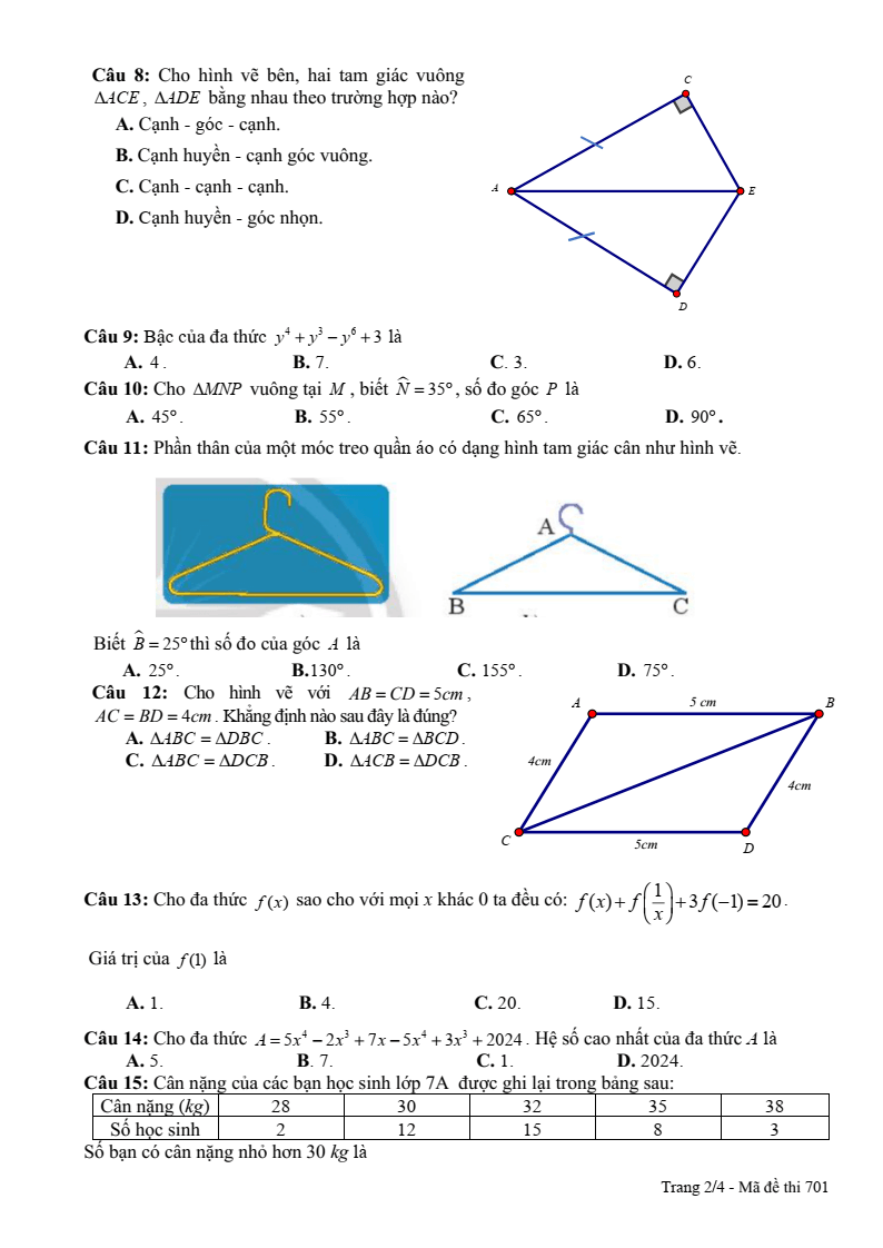 Đề thi Giữa kì 2 Toán 7 phòng GD&ĐT thành phố Bắc Giang năm 2023-2024