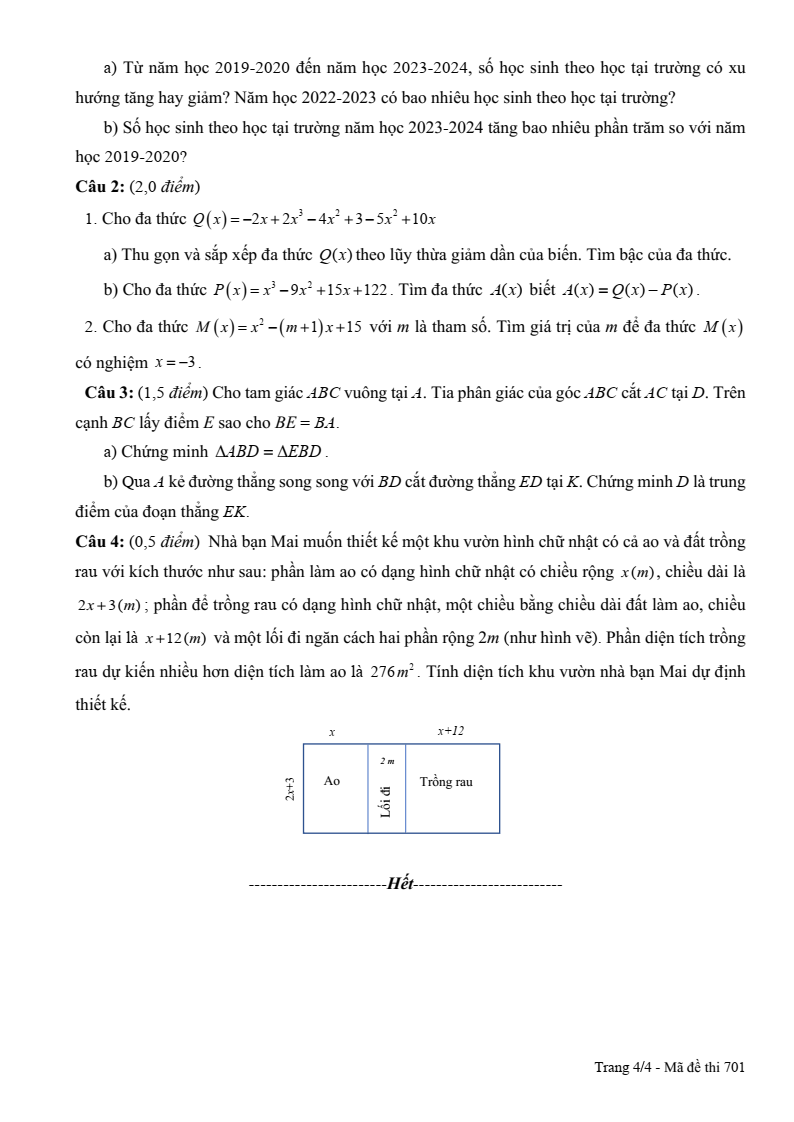 Đề thi Giữa kì 2 Toán 7 phòng GD&ĐT thành phố Bắc Giang năm 2023-2024