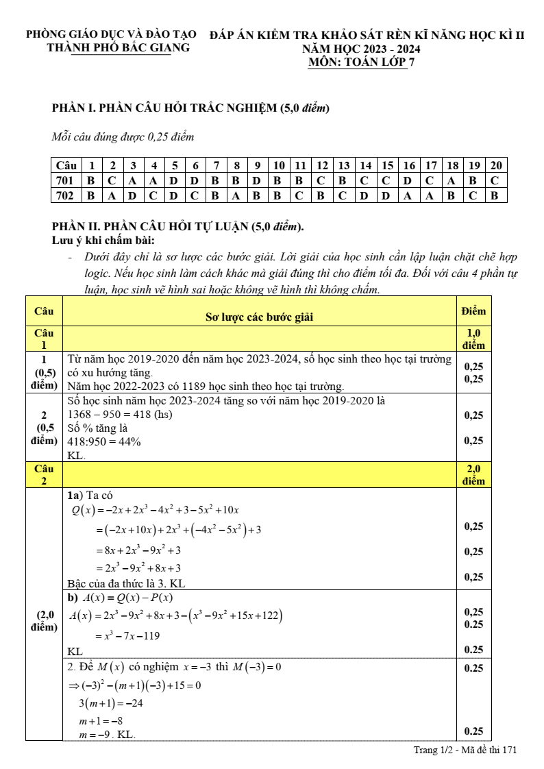 Đề thi Giữa kì 2 Toán 7 phòng GD&ĐT thành phố Bắc Giang năm 2023-2024