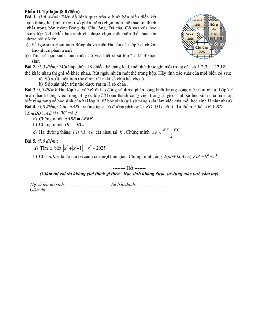 Đề thi Giữa kì 2 Toán 7 phòng GD&ĐT Xuân Trường (Nam Định) năm 2024-2025