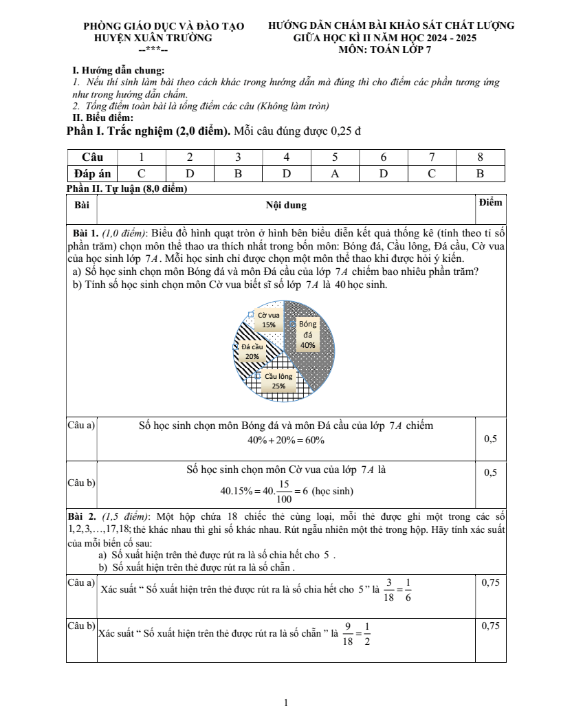 Đề thi Giữa kì 2 Toán 7 phòng GD&ĐT Xuân Trường (Nam Định) năm 2024-2025