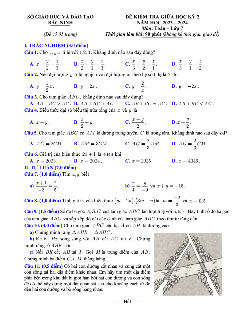 Đề thi Giữa kì 2 Toán 7 sở GD&ĐT Bắc Ninh năm 2023-2024