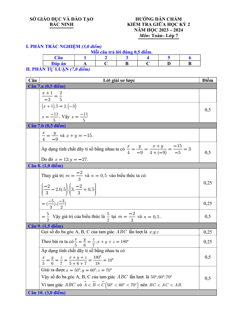 Đề thi Giữa kì 2 Toán 7 sở GD&ĐT Bắc Ninh năm 2023-2024