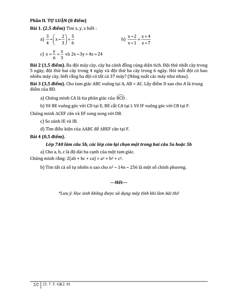 Đề thi Giữa kì 2 Toán 7 trường TH&THCS Ngôi Sao (Hà Nội) năm 2023-2024