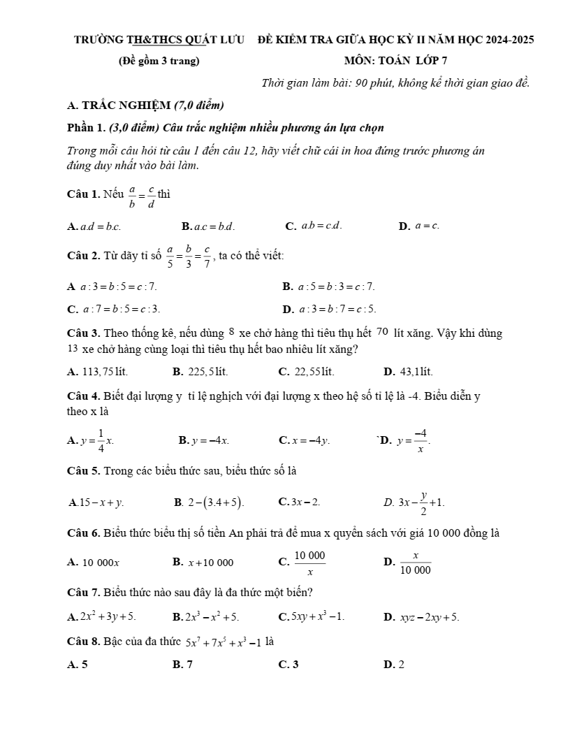 Đề thi Giữa kì 2 Toán 7 trường TH&THCS Quất Lưu (Vĩnh Phúc) năm 2024-2025
