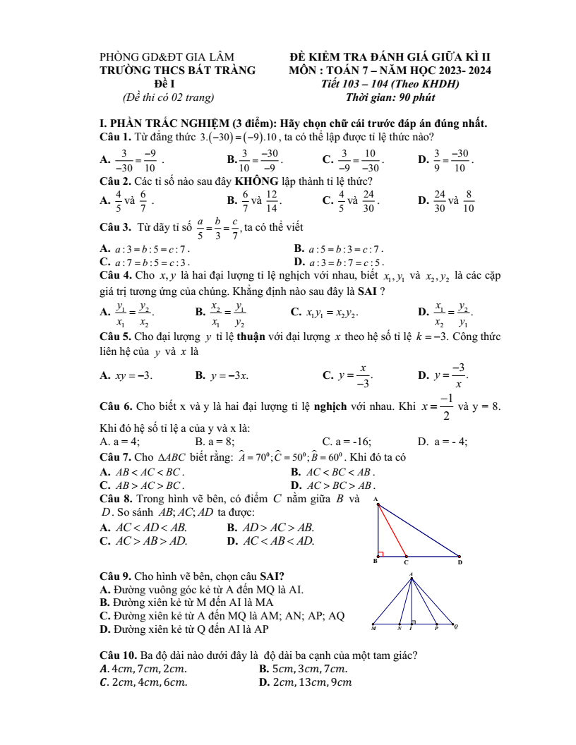 Đề thi Giữa kì 2 Toán 7 trường THCS Bát Tràng (Hà Nội) năm 2023-2024