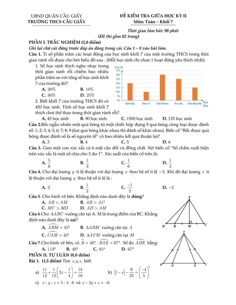 Đề thi Giữa kì 2 Toán 7 trường THCS Cầu Giấy (Hà Nội) năm 2024-2025