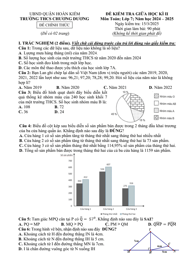 Đề thi Giữa kì 2 Toán 7 trường THCS Chương Dương (Hà Nội) năm 2024-2025