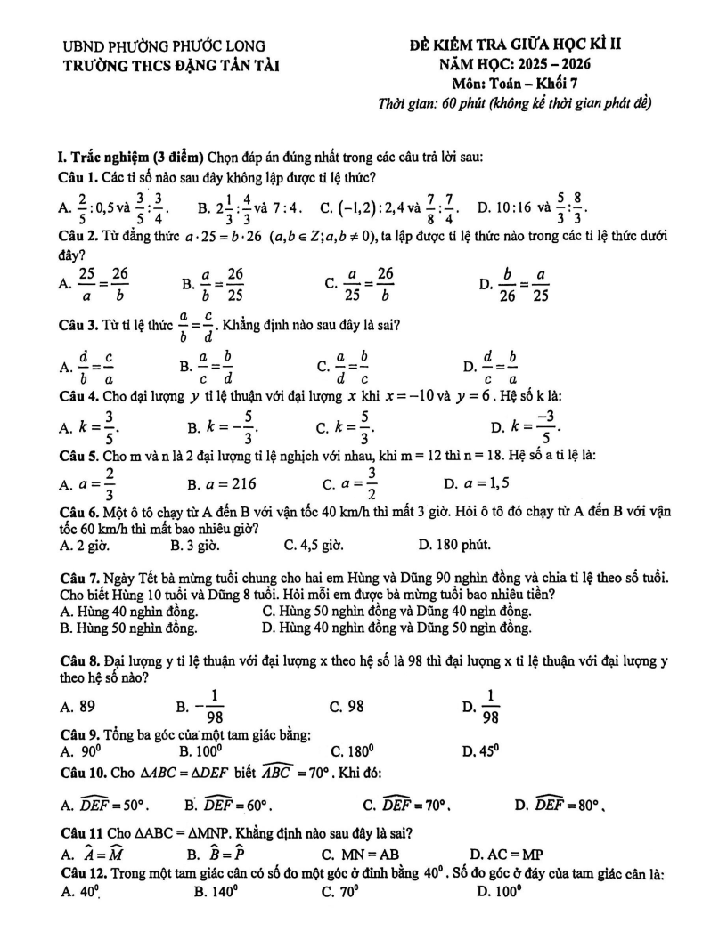 Đề thi Giữa kì 2 Toán 7 trường THCS Đặng Tấn Tài (TP HCM) năm 2025-2026