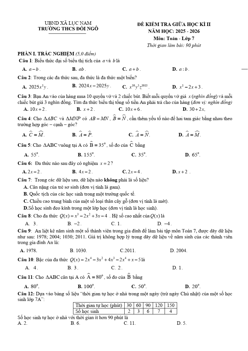 Đề thi Giữa kì 2 Toán 7 trường THCS Đồi Ngô (Bắc Ninh) năm 2025-2026