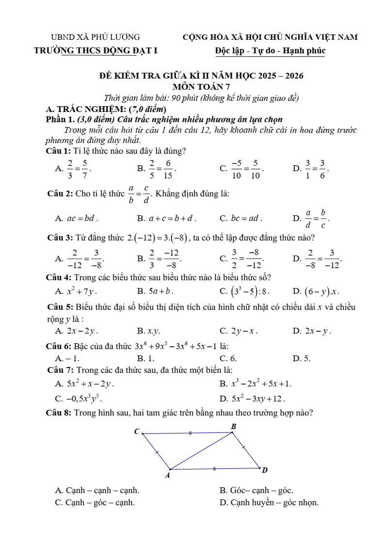 Đề thi Giữa kì 2 Toán 7 trường THCS Động Đạt I (Thái Nguyên) năm 2025-2026