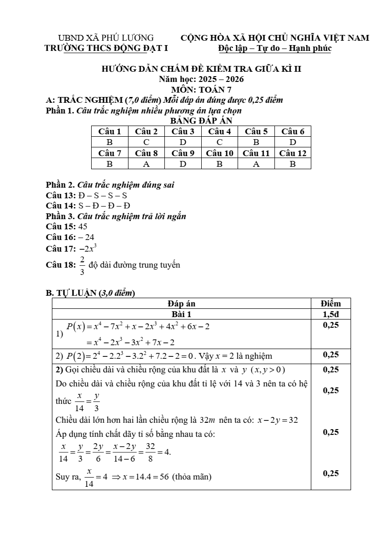 Đề thi Giữa kì 2 Toán 7 trường THCS Động Đạt I (Thái Nguyên) năm 2025-2026