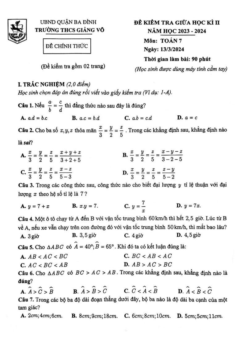 Đề thi Giữa kì 2 Toán 7 trường THCS Giảng Võ (Hà Nội) năm 2023-2024